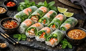 Färska vårrullar med räkor och grönsaker, perfekta för ett lätt och gott recept. Serveras med dippsåser.