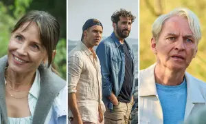Tre ansikten från nya svenska filmer: en leende kvinna, två män vid havet och en äldre man.