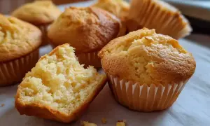 Nybakade, fluffiga glutenfria kakor i pappersformar. En är uppdelad och visar en mjuk insida.