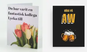 Två kort: ett med tulpaner och texten "Du har varit en fantastisk kollega. Lycka till", och ett med texten "Bäst på AW" och två ölglas. En rolig avtackning text för en kollega.