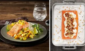 Laxfilé med mangosalsa och ris, samt en annan laxfilé med krämig topping och pinjenötter. Ett inspirerande fisk recept!
