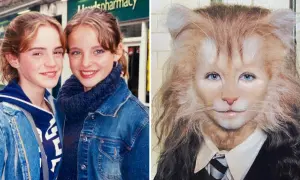 Två unga tjejer, en som påminner om Emma Watson i tidiga filmer, och en kattmänniska i kostym.