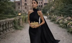 Elegant kvinna i svart klänning med släp och guldfärgad clutch. Perfekt för en **dresscode smoking dam** vid ett slott.