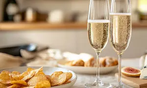 Två glas bubbel med krispiga potatischips och en bit ost. Perfekt tilltugg till bubbel för en festlig stund.