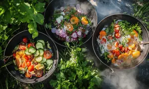Tre läckra wok-rätter med färska grönsaker och ägg, redo att serveras utomhus. Ett perfekt wok recept för sommaren.
