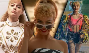 Margot Robbie i tre olika roller: glamorös, lekfull och vild. En collage av filmer med Margot Robbie.