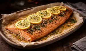 Helstekt lax i ugn, toppad med citronskivor och örter, serverad på ett fat med bakplåtspapper.