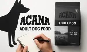 En hundsilhuett bredvid en anteckningsbok där någon skriver. Bredvid står en påse ACANA Adult Dog Food. Ett tack och bock uttryck för hundmaten.