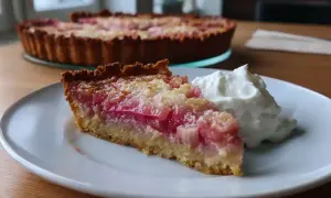 En bit härlig rabarberpaj glutenfri med en klick vispad grädde. Hela pajen syns i bakgrunden.