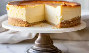 En krämig baskisk cheesecake med karamelliserad yta, serverad på ett marmorerat tårtfat.