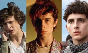 Timothée Chalamet i tre olika roller från filmer. En ung man med lockigt hår pratar i telefon, en annan med rött hår och blommig skjorta, och en tredje som en medeltida krigare i rustning.