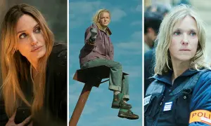 Tre kvinnor i filmer med Angelina Jolie. En sitter på en stolpe och visar finger, en annan är polis.