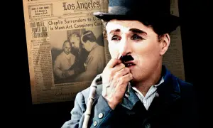 Charlie Chaplin, känd från filmer med charlie chaplin, på en tidningssida som rapporterar om hans överlämnande i en Mann Act-konspirationsrättegång.
