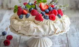 Vacker pavlova med grädde och färska bär, perfekt för ett sommarfika. Ett enkelt pavlova recept att prova!
