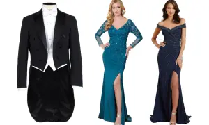 En frack med vit fluga, en turkos klänning med blommor och en mörkblå klänning med paljetter. Perfekt för en **dress code formal**.