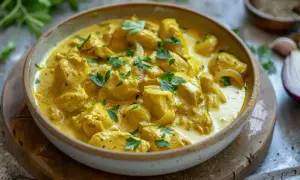 En krämig kyckling curry med bitar av kyckling, lök och persilja. Serveras i en skål på ett träfat.