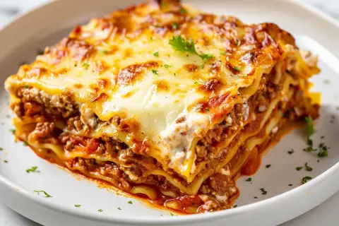 En saftig bit lasagne med lager av köttfärssås, béchamelsås och pasta, toppad med smält ost. Perfekt för ett gott lasagne recept.