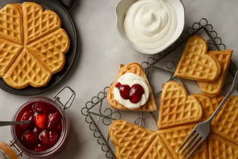 Hjärtformade belgiska våfflor med vispgrädde och sylt. En burk med körsbärssylt och en skål med grädde syns också.