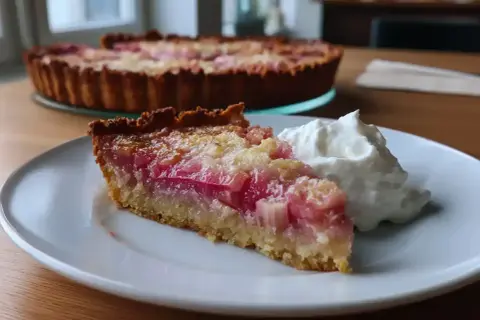 En bit härlig rabarberpaj glutenfri med en klick vispad grädde. Hela pajen syns i bakgrunden.
