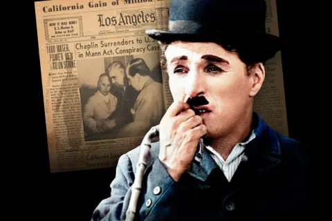 Charlie Chaplin, känd från filmer med charlie chaplin, på en tidningssida som rapporterar om hans överlämnande i en Mann Act-konspirationsrättegång.