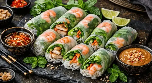 Färska vårrullar med räkor och grönsaker, perfekta för ett lätt och gott recept. Serveras med dippsåser.