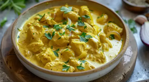 En krämig kyckling curry med bitar av kyckling, lök och persilja. Serveras i en skål på ett träfat.