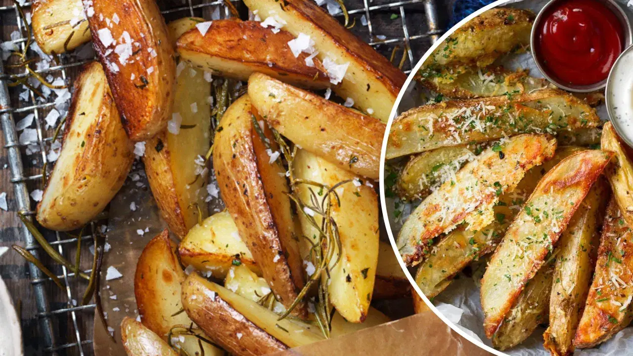 Krispiga klyftpotatis i ugn, strösslade med flingsalt och rosmarin. En del är toppade med parmesan och persilja.