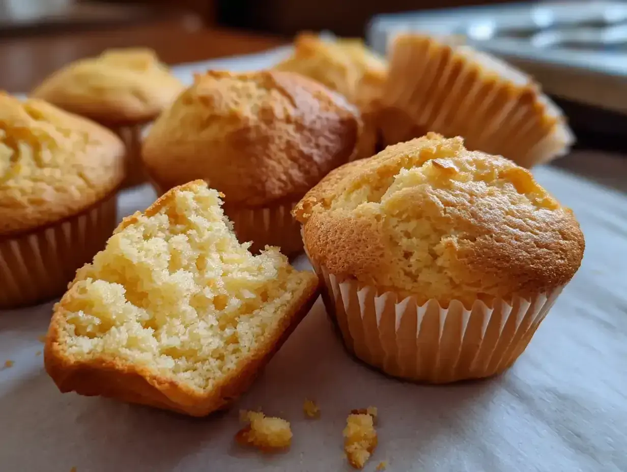 Nybakade, fluffiga glutenfria kakor i pappersformar. En är uppdelad och visar en mjuk insida.