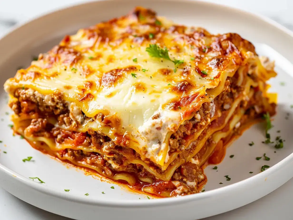 En saftig bit lasagne med lager av köttfärssås, béchamelsås och pasta, toppad med smält ost. Perfekt för ett gott lasagne recept.
