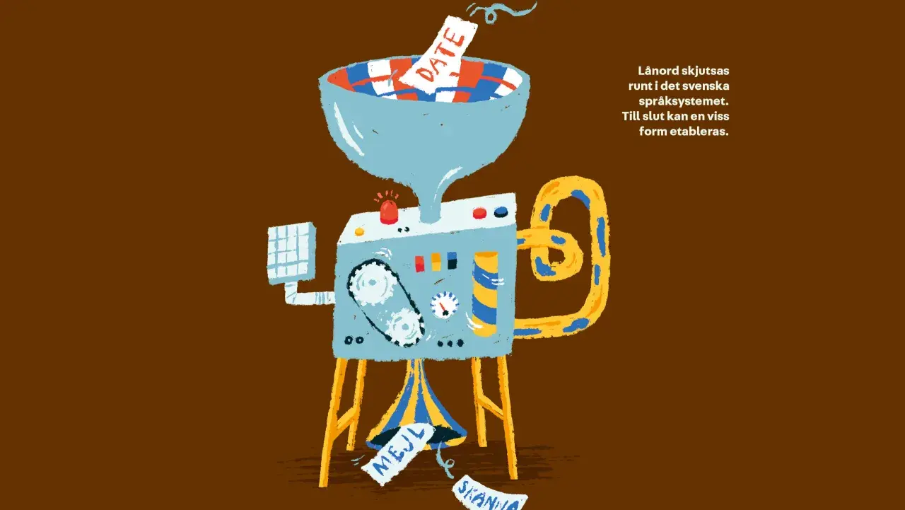 Illustration of a machine processing paper slips with "DATE", "MEJL", and "SKANNA" into a Swedish language system.