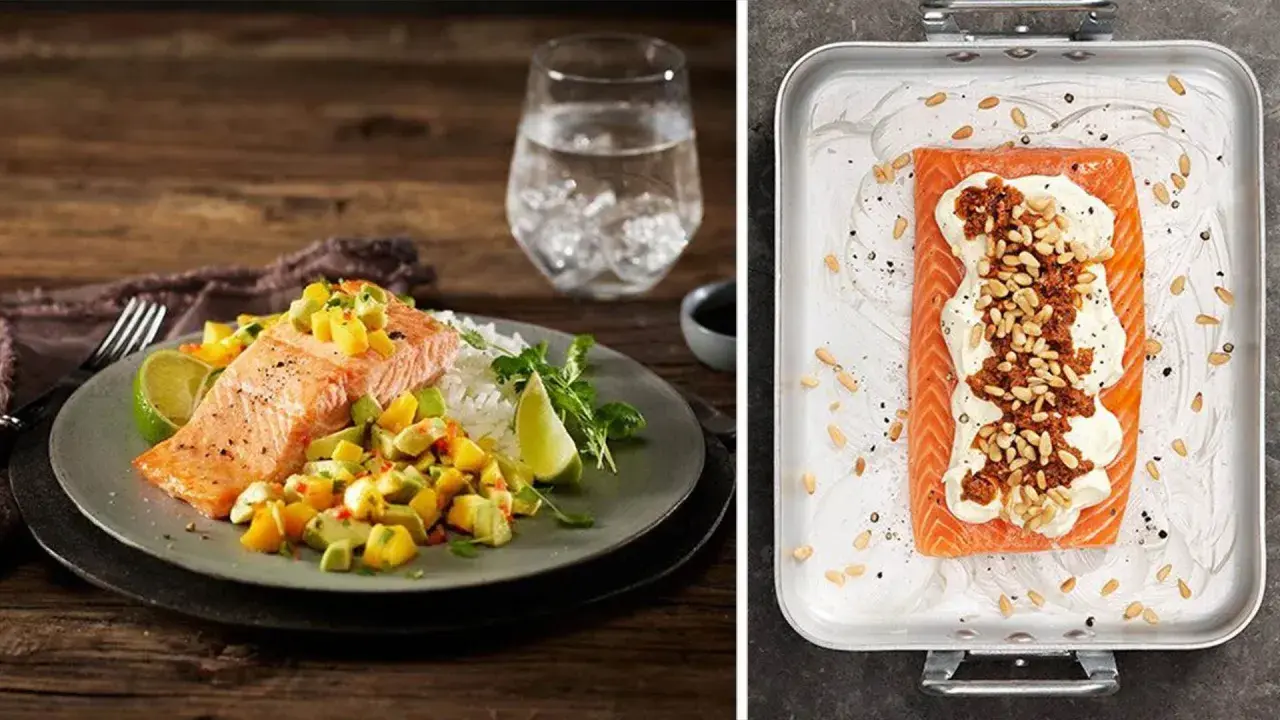 Laxfilé med mangosalsa och ris, samt en annan laxfilé med krämig topping och pinjenötter. Ett inspirerande fisk recept!