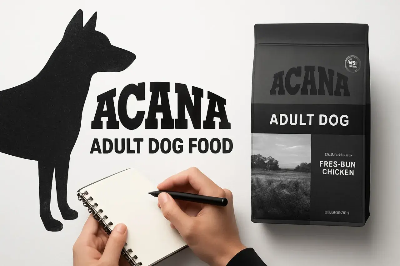 En hundsilhuett bredvid en anteckningsbok där någon skriver. Bredvid står en påse ACANA Adult Dog Food. Ett tack och bock uttryck för hundmaten.