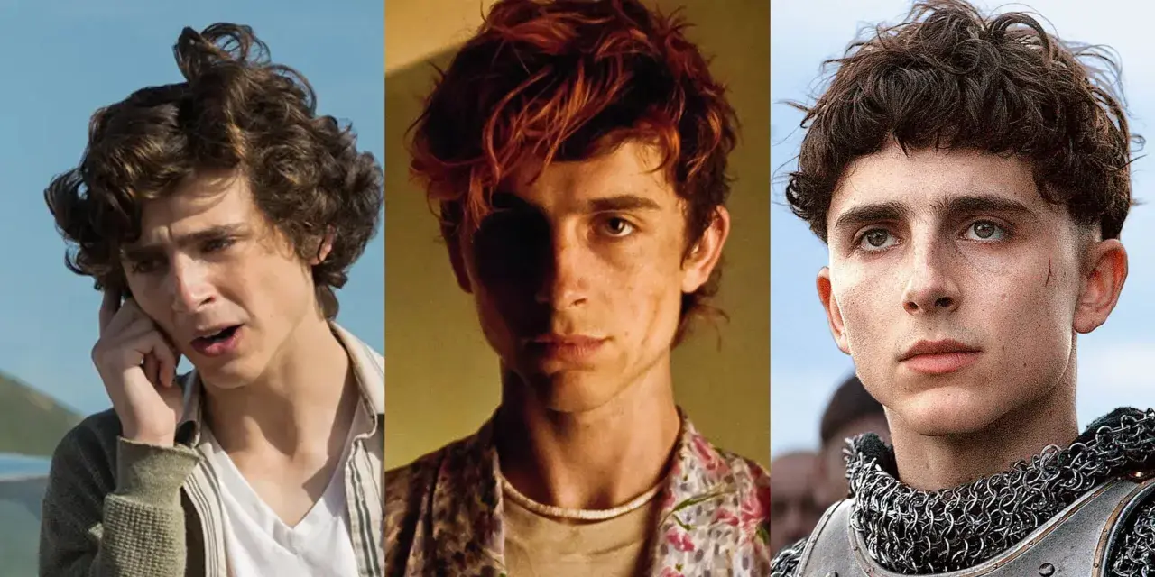 Timothée Chalamet i tre olika roller från filmer. En ung man med lockigt hår pratar i telefon, en annan med rött hår och blommig skjorta, och en tredje som en medeltida krigare i rustning.