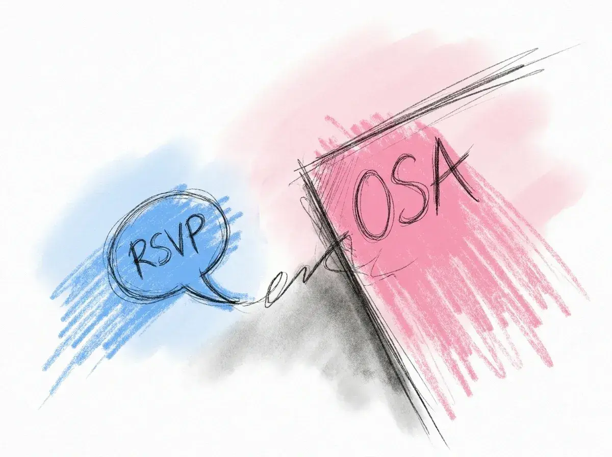 En pratbubbla med "RSVP" möter en rosa yta med texten "OSA". Vad betyder det?