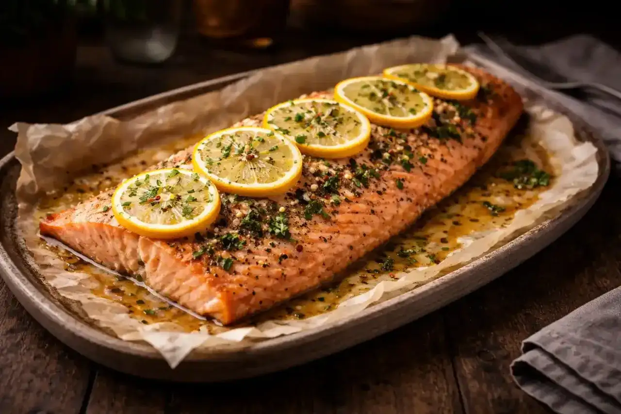 Helstekt lax i ugn, toppad med citronskivor och örter, serverad på ett fat med bakplåtspapper.