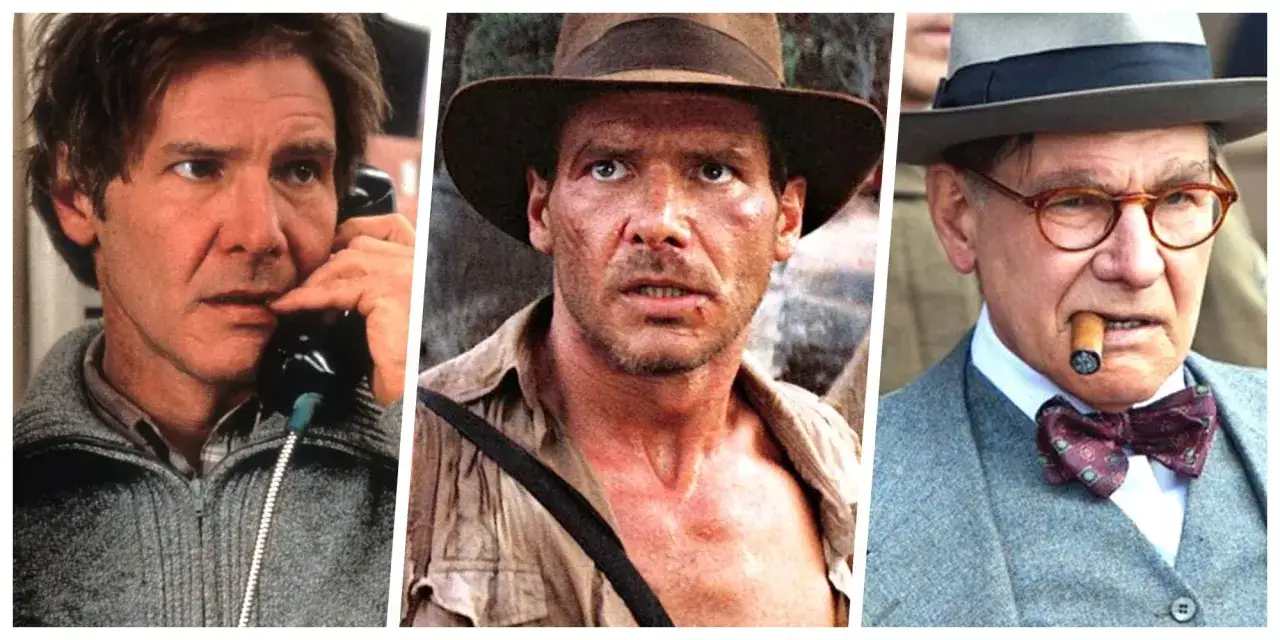 Tre scener med Harrison Ford: en p&aring; telefon, en som Indiana Jones, och en &auml;ldre herre med cigarr.
