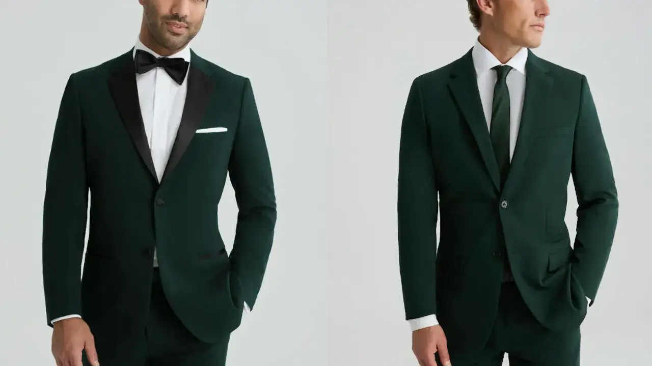 Två män i mörkgröna kostymer. Den ena med fluga, den andra med slips. En elegant engelsk stil.