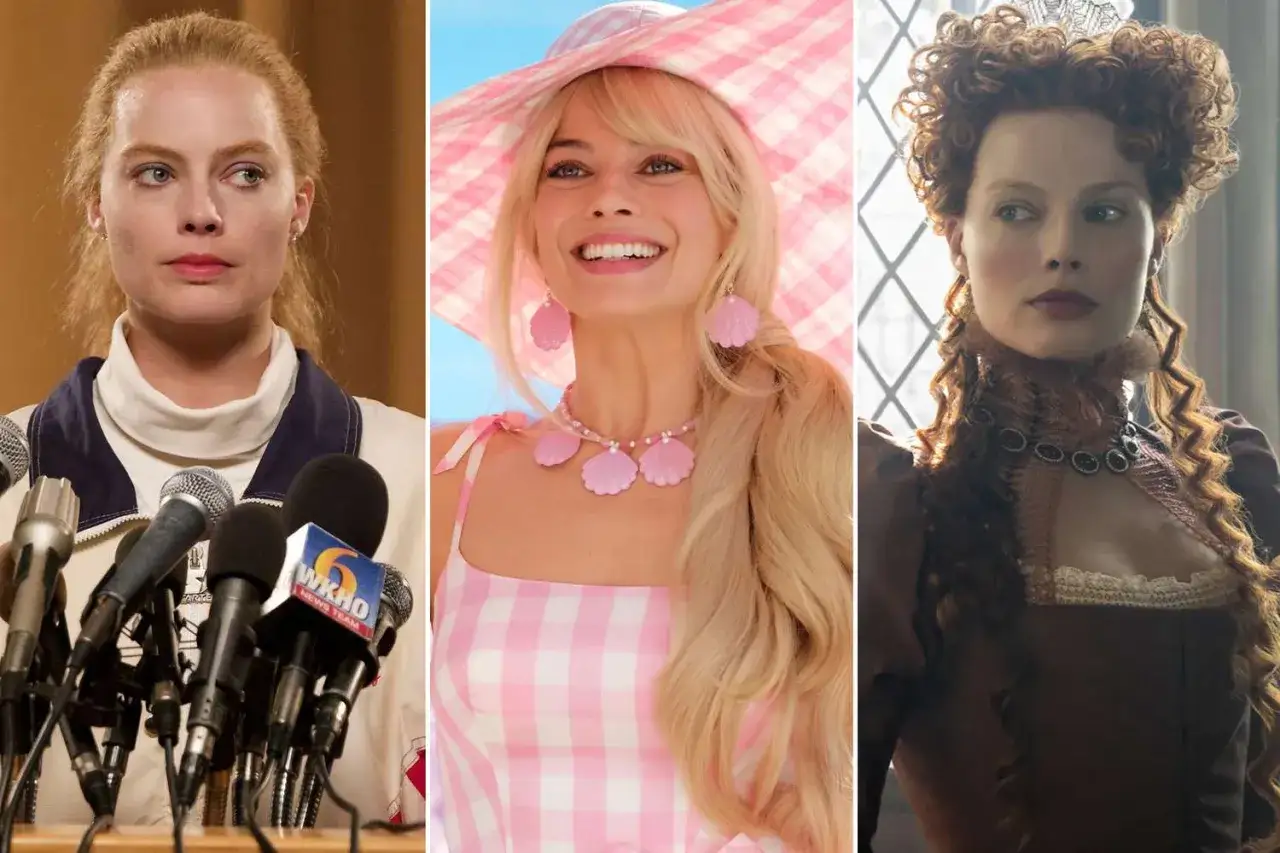 Margot Robbie i tre olika roller: som Barbie, i en historisk dräkt och vid en presskonferens. Hennes filmer är varierande.