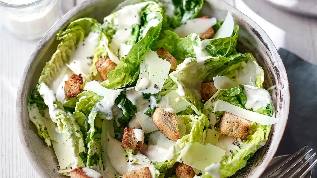 En n&auml;rbild p&aring; en l&auml;cker caesarsallad med krispig romansallad, krutonger, parmesan och kr&auml;mig dressing. Perfekt f&ouml;r ett snabbt caesarsallad recept.