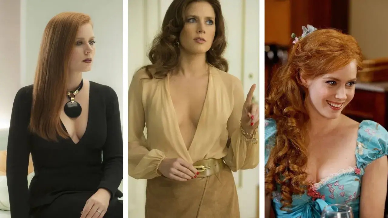 Amy Adams i tre olika roller fr&aring;n filmer. Hon har r&ouml;tt h&aring;r och b&auml;r olika kl&auml;der i varje bild.