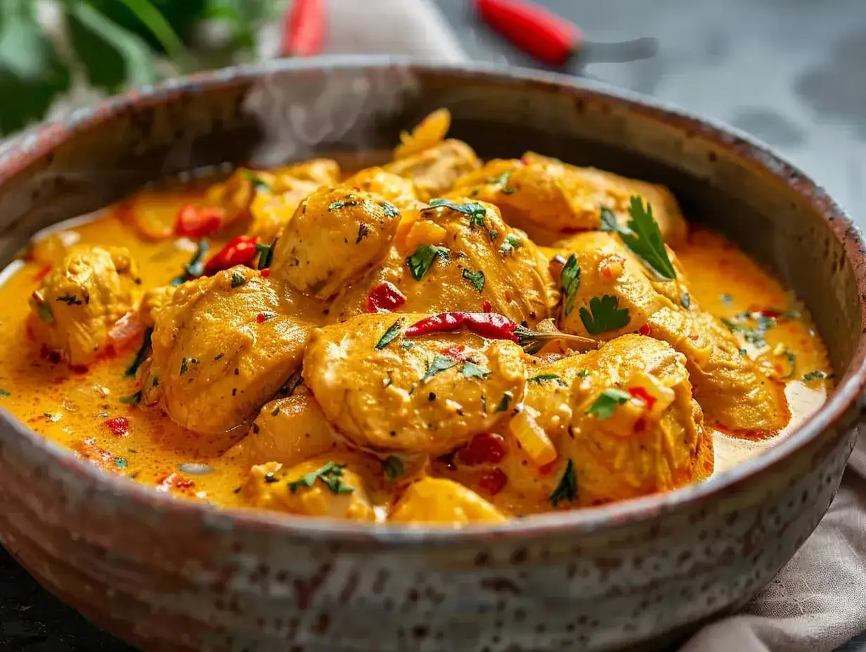 En kr&auml;mig kyckling curry med bitar av kyckling i en gyllene s&aring;s, toppad med f&auml;rsk persilja och chili.