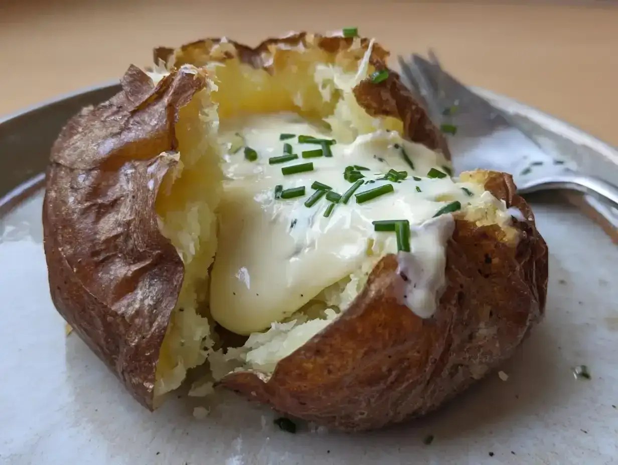 En perfekt bakad potatis med krämig fyllning och färsk gräslök. En klassiker som alltid smakar bra.