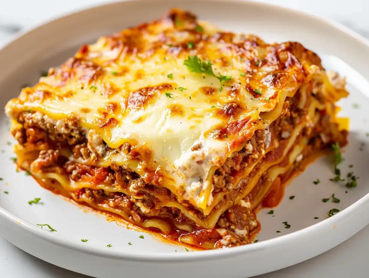 En saftig bit lasagne med köttfärssås och ost, perfekt för ett gott lasagne recept.