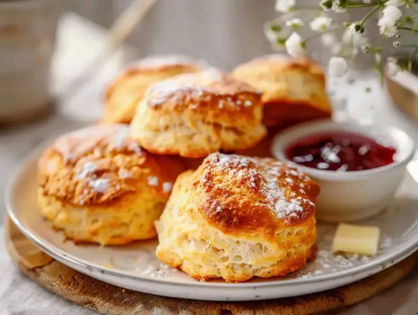 Nybakade scones med pudersocker, serverade med sylt och smör. Perfekt för ett mysigt fika med detta scones recept.