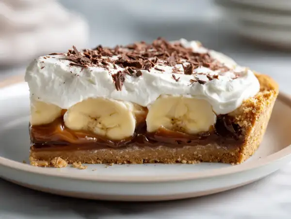En bit krämig banoffee paj med lager av banan, kolasås och vispad grädde, toppad med chokladspån.